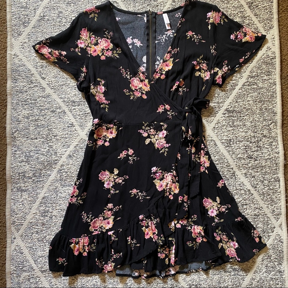 Black and Floral Wrap Dress